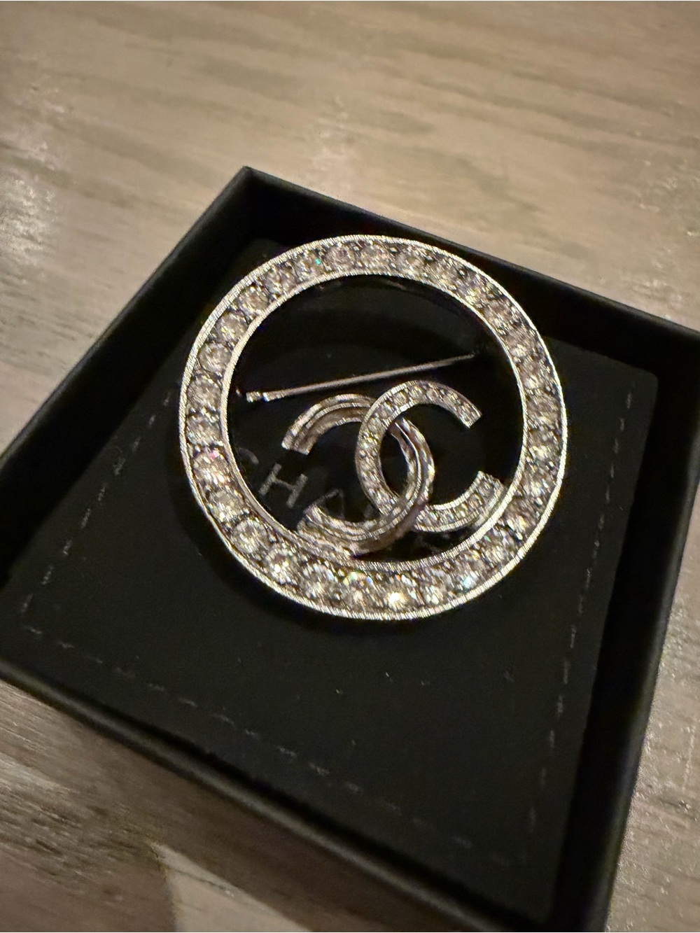 Chanel Silver Crystal Circle Brooch - Double C Motif